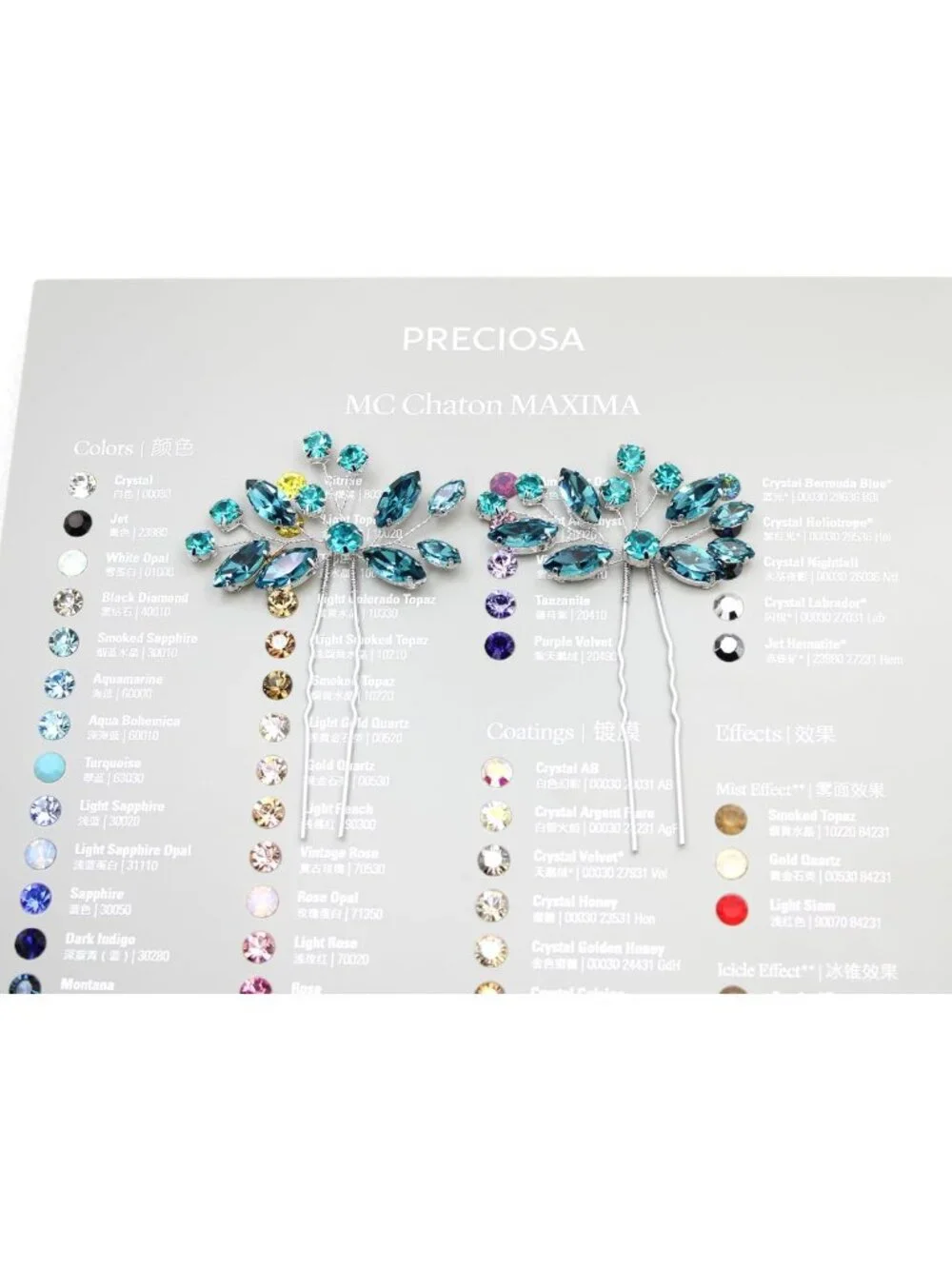 Stunning Teal Rhinestone Floral Hair Pins Set - Elegant Accessories (2 Pcs)